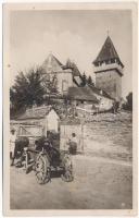 Bázna, Báznafürdő, Felsőbajom, Bad Baassen, Baiumul de Sus; Evangélikus erődtemplom, ökrös szekér, erdélyi folklór / Lutheran castle church, Transylvanian folklore, ox cart (fa)