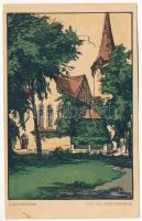 1930 Nagyszeben, Hermannstadt, Sibiu; Johanniskirche / Evangélikus templom / Lutheran church. litho s: Trude Schullerus (EB)