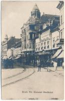 Arad, Str. General Berthelot / street, hotel, bank, shops / utca, Erdélyi Hitelbank rt., szálloda, Glück üzlete. photo (ragasztónyom / gluemark)