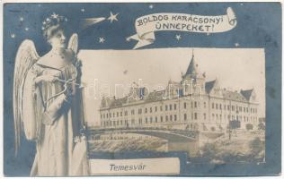 1911 Temesvár, Timisoara; Horgony kávéház, híd. Karácsonyi üdvözlet angyallal / café, bridge. Christmas greeting frame with angel (fl)