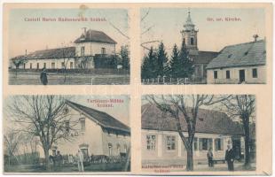 1906 Szákul, Sacu; Castell Baron Radussewich, Gr. or. Kirche, Turbinen-Mühle, Kutscherauer Béla / Radossevich kastély, Ortodox templom, Erzsébet malom, Kutscherauer Béla üzlete / castle, Orthodox church, mill, shop + &quot;ORSOVA - BUDAPEST 75. SZ. D&quot; vasúti mozgóposta bélyegző (EB)