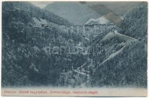 1908 Oravica-Anina, Oravita-Anina; Vasúti hegyipálya, Zsittin-völgyi vasúti híd, viadukt és alagút, vonat, gőzmozdony. Weisz Félix kiadása / mountain railway bridge, railway tunnel, viaduct, locomotive, train (fl)