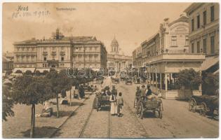 1910 Arad, Szabadság tér, Rozsnyay gyógyszertár, városi vasút, piac. Kerpel Izsó kiadása / square, pharmacy, urban railway, market (fl)