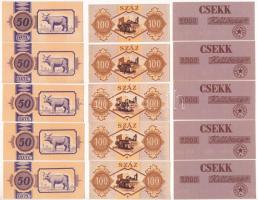 ~1970-1980. "50" (5x) + "100" (5x) + "Csekk 2000 Szövetkezet" (5x) játékpénzek T:AU