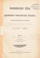 Broesike, Gustav: Anatomischer Atlas des gesammten menschlichen Körpers mit besonderer Berücksichtung der Topographie für Studierende und Aerzte bearbeitet von - - . Band I. Abtheilung I. + Band III. Abtheilung II. [Egybekötve]. Berlin, 1900-1909, Fischer's Medicinische Buchhandlung, IX+(3)+120 p.; 2 sztl. lev.+ 607-684 p. Gazdag képanyaggal illusztrálva. Német nyelven. Félvászon-kötésben, helyenként kissé koszos lapokkal, régi intézményi bélyegzőkkel, volt könyvtári példány.