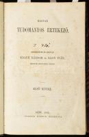 1862 Magyar Tudományos Értekező. Szerk. és kiadják Knauz Nándor és Nagy Iván, magyar akademiai tagok. I. köt. Pest, 1862, Pfeifer Nándor, (Esztergom,Horák Egyed-ny.), 480 p. Benne érdekes írásokkal, közte Bartal György: A parthus-hunmagyar-scythákról befejezéseül, Knauz Nándor: A budai királyi várpalota kápolnája, [Fraknói Vilmos] Frankl Vilmos: A magyar nemzet bevándorlásának története...stb. Átkötött félvászon-kötés, kopott borítóval, intézményi bélyegzéssel, kissé (foxing) foltos lapokkal.   Magyar Tudományos Értekező c. tudományos, könyvészeti és kritikai folyóirat 1862-ben jelent meg. Összesen 11 számot, mintegy 2 kötetet ért meg, és az év végével megszűnt.