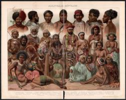 cca 1900 Ázsiai és ausztráliai népfajok, 2 db színes litográfia, a Pallas Nagy Lexikonának melléklet...