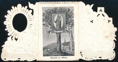 cca 1900 Máriaremete, kinyitható, csipkés szentkép, 9,5x6 cm