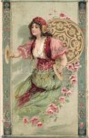 Gypsy girl playing cymbal litho