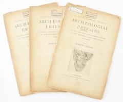 1898 Archaeológiai Értesítő. XVIII. köt. 1-2., 4. 1898. feb. 15, ápril. 15., okt. 15. Szerk.: Hampel József. Bp., 1898, MTA. Kiadói papírkötések, volt könyvtári példányok, régi bélyegzésekkel és címkékkel, sérült, hiányos gerincekkel.