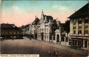 1913 Temesvár, Timisoara; Losonczi tér, Hunyadi utca, Deutsch Testvérek, Kerschek és Kubitsek üzlete / square, street view, shops (kopott sarkak / worn corners)