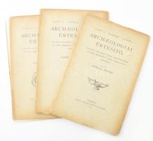 1901 Archaeológiai Értesítő XXI. évf. 1, 3-5. sz. 1901. feb. 15, jún. 15., okt. 15., dec. 15. Szerk.: Hampel József. Bp., 1901, MTA. Kiadói papírkötések, egy-két bejelöléssel, a 3. szám kötése szétvált, a 4 szám borítója szakadozott. Nagyrészt felvágatlan lapokkal.