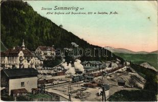 1910 Semmering, Station mit Hotel Stefanie und Dependance / railway station, locomotive, train (EK)