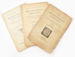 1908 Archaeológiai Értesítő XXVIII. köt. 1., 3., 5. sz. 1908. feb. 15., junius 15., dec. 15. Szerk.: Hampel József. Bp., 1908, MTA. Kiadói papírkötések, szakadozott borítókkal, sérült gerincekkel.