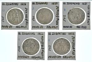 Lengyel Királyság 1620-1624. 1gr (1/24 Thaler) Ag III. Zsigmond (5xklf) T:XF,VF Poland 1620-1624. 1 Groschen (1/24 Thaler) Ag Sigismund III (5xdiff) C:XF,VF