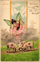 1901 Viel Glück im neuen Jahre! / New Year greeting art postcard with fairy, pigs and clovers. Art Nouveau, litho s: Mailick (EK)