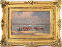 Bosznay István (1868-1944): Balaton, 1920. Olaj, fatábla, jelezve balra lent, hátoldalán autográf felirattal. Dekoratív fakeretben, 25,5×42 cm