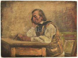 Pállya Celesztin (1864-1948): Olvasó férfi. Olaj, fatábla, jelzett. 23,5x32 cm
