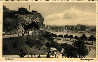 Budapest XI. Gellérthegyi sziklakápolna, villamos, újságárus bódé + &quot;1938 XXXIV. Nemzetközi Eucharisztikus Kongresszus Budapest&quot; So. Stpl.