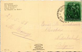 Budapest XI. Gellérthegyi sziklakápolna, villamos, újságárus bódé + "1938 XXXIV. Nemzetközi Euc...