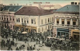 1912 Békéscsaba, Fő tér, Löwy Jakab L. és Társa, Leszich Kálmán, Kresmarik és Reisz Gyula üzlete, húscsarnok, piac, tömeg. Gesmey Soma kiadása (fa)