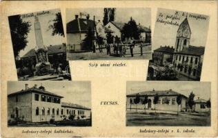 1942 Vecsés, Hősök szobra, Szép utca, Gizella lak, villa, Andrássy telepi kultúrház és római katolikus iskola, templom és polgári leány iskola. Kogutowicz Imréné kiadása (EK)