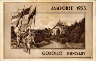 Gödöllő, Cserkész Jamboree 1933 / 4th World Scout Jamboree in Hungary, Hungarian boy scouts with flags + So. Stpl (fl)