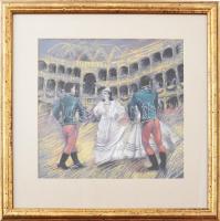 Jelzés nélkül (Fülöp Zoltán?): Hunyadi opera, palotás tánc. Pasztell, papír. Dekoratív, üvegezett fakeretben. 25x27 cm