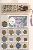 Egyiptom 14db-os szuvenír érme- és bankjegytétel könyvjelzővel T:AU-F Egypt 14pcs of souvenir coins and banknote lot with bookmark C:AU-F