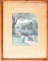 Kernstok Károly (1873-1940): Vízparton ülő nő/Tájkép merengő nővel. Akvarell, papír. Jelezve jobbra ...