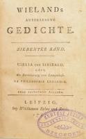 [Wieland, Christoph Martin (1733-1813)] Wielands auserlesene Gedichte. Siebenter Band. Clelia und Sinibald, oder, die Bevölkerung von Lampeduse. La Philosophie Endormie. Leipzig, 1787, Weidmanns Erben und Reich, 254 p. Német nyelven. Félbőr-kötésben, kopottas borítóval, sérült gerinccel, a címlapon "Kertész József köz és váltó ügyvéd Szegeden" bélyegzővel.