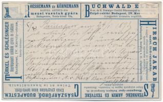 1893 (Vorläufer!!!) Hirdetményes levelezőlap egy krajcárért kapható! Roessemann és Kühnemann Koppel Arthur-féle mezei vasutak gyára, Buchwald Elek cipőraktára, Hirsch Jakab szabó és férfi ruharaktár, Császárfürdő Budapesten, Türkel és Schlésinger fényképészeti cikkek gyára és raktára, Sternberg Ármin és Testvére hangszeripar. 2 Kr Ga. / Very early Hungarian advertisement card of factories and shops (ragasztónyom / glue marks)