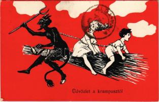 1926 Üdvözlet a Krampusztól / Krampus art postcard with children, chains and birch (EK)