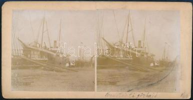 1901 Gombosi gőzkomp, sztereófotó, Krémer Dezső felvétele, pecséttel jelzett, 9×17,5 cm