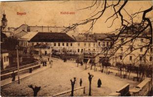 1914 Ungvár, Uzshorod, Uzhhorod, Uzhorod; Kishíd utca, Ungvári Népbank, Ungvári műmalom raktára. Gellis Miksa kiadása 44. sz. (W.L. ?) / street view, bridge, bank, mill warehouse (vágott / cut)