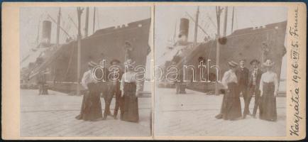 1906 Fiume, RMS Carpathia előtti csoportkép, sztereófotó, 8×17,5 cm