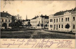 1906 Eszék, Essegg, Osijek; Zitni trg, Prva Hrvatska Dionicka Tiskara, Uprava "Narodne Obrane" / Fruchtplatz / square, the first Croatian joint-stock printing house, administration of national defense office (fl)