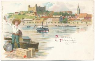 Pozsony, Pressburg, Bratislava; vár, gőzhajó. Leonhardi-féle tinta reklámlapja / castle, steamship. Leonhardi ink advertisement. Verlag v. Aug. Leonhardi. Lith. u. Druck von Kutzner & Berger litho (EK)