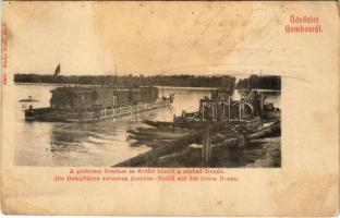 1903 Gombos, Bogojeva; Gőzkomp Gombos és Erdőd között a szabad Dunán, gőzmozdony, vonat. Schön Adolf kiadása / steam ferry with locomotive between Bogojevo and Erdut, train (fl)