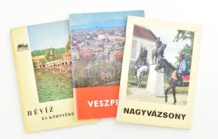 3 db útikönyv: Hévíz és környéke. Útikönyvek. Bp., 1958, Panoráma. Kiadói papírkötés, kissé sérült, a könyvtesttől elvált borítóval. + Veszprém.; Nagyvázsony. Veszprém, 1977-1991, Veszprém Megyei Idegenforgalmi Hivatal. Kiadói papírkötés.
