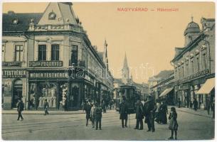 1913 Nagyvárad, Oradea; Rákóczi út, Dr. Barta fogorvos, Hitelbank, Wéber Testvérek áruháza, étterem, villamos, Első nagyváradi műbútorgyár. Rákos V. kiadása, W.L. Bp. 254. / street, dentist, credit bank, shops, tram, restaurant