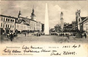 1902 Besztercebánya, Banská Bystrica; IV. Béla király tér, városháza, üzletek, szökőkút. Walther Adolf és Társai kiadása / square, town hall, shops, fountain (fa)