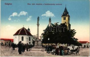 Galgóc, Frasták, Hlohovec; Római katolikus templom a Szentháromság szoborral, piac. Vasúti levelezőlapárusítás 2. sz. 1915. / Catholic church, Holy Trinity statue, market