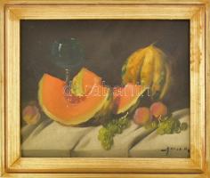 Murin Vilmos (1891-1952): Gyümölcsös csendélet. Olaj, karton, jelzett, restaurált. Dekoratív fakeretben, 22x27 cm