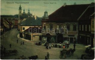 1906 Nagyszombat, Tyrnau, Trnava; Ferenc József tér, Tausky J. Fiai utóda üzlete, piac / square, shops, market (Rb)