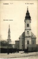 Losonc, Lucenec; Római katolikus templom, Református templom, piac télen. Kármán Zsigmond kiadása / Catholic church, Calvinist church, market in winter (fl)