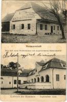 1917 Nagyszeben, Hermannstadt, Sibiu; Altes und neues Waldwirtschaft mit ausgebrochenen Schiesscharten, Einbruch der Rumänen September 1916 / A régi erdei vendéglő a románok betörése után lőszernyomokkal és az új étterem. Jos. Drotleff Nr. 57. / old forest restaurant after the Romanian destruction and the new one (Rb)