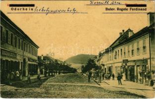 Székelyudvarhely, Odorheiu Secuiesc; Kossuth utca, Bogdán és fia üzlete, fodrász, Fekete Eszti üzlete. Erdélyi Simon kiadása / Bulev. Regele Ferdinand / street, shops (EK)