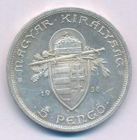1938. 5P Ag "Szent István" T:AU patina. Adamo P8.1