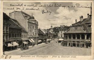 1905 Brassó, Kronstadt, Brasov; Fő tér, Klastrom utca, Thomas Scheeser és Galtz üzlete / main square, street, shops